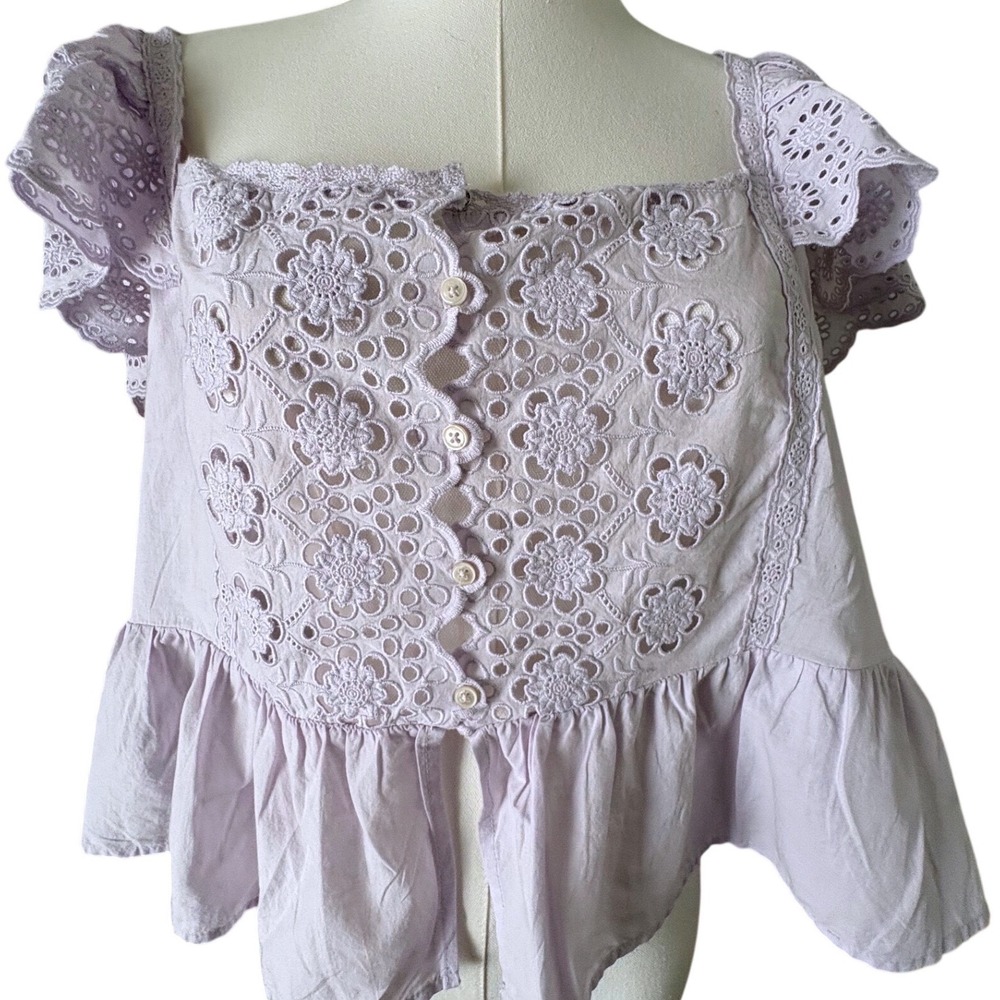 American Eagle Lavender Eyelet Lace Peplum Blouse Square Neck Purple XL‎